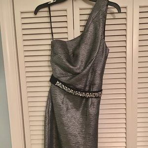 Silver one shoulder dress w/ black belt size 2